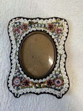 ANTIQUE Italian Micro Mosaic Floral Miniature Picture Frame Pink & White Flowers